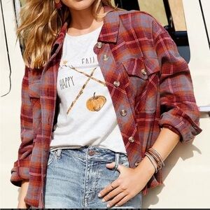 Maurices Red Plaid Button-Down Shirt Jacket